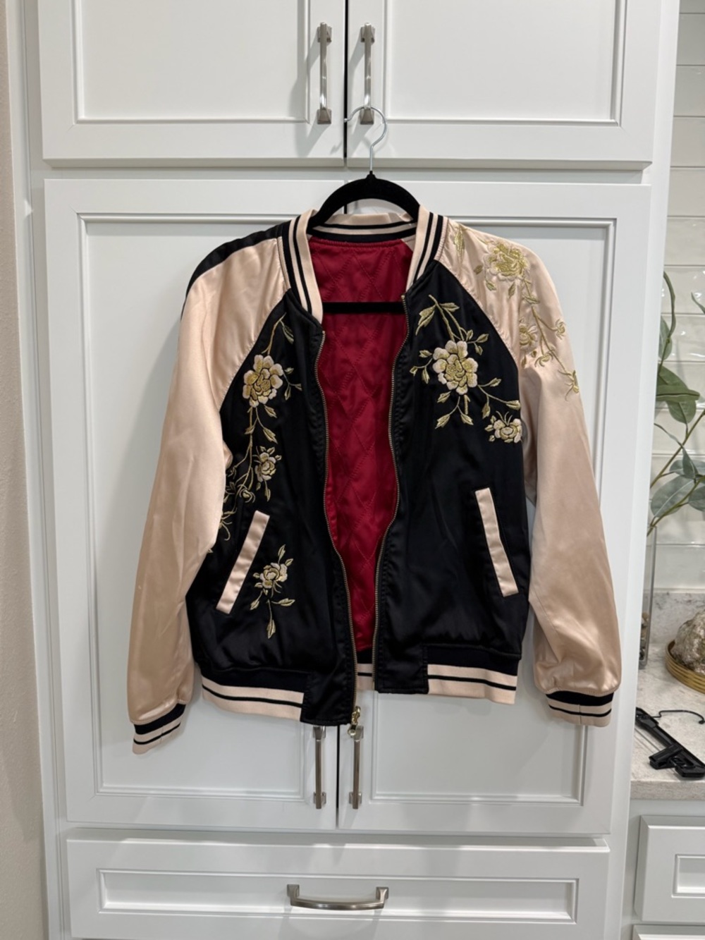 Express Floral Embroidered Satin Bomber Jacket - Black & Blush